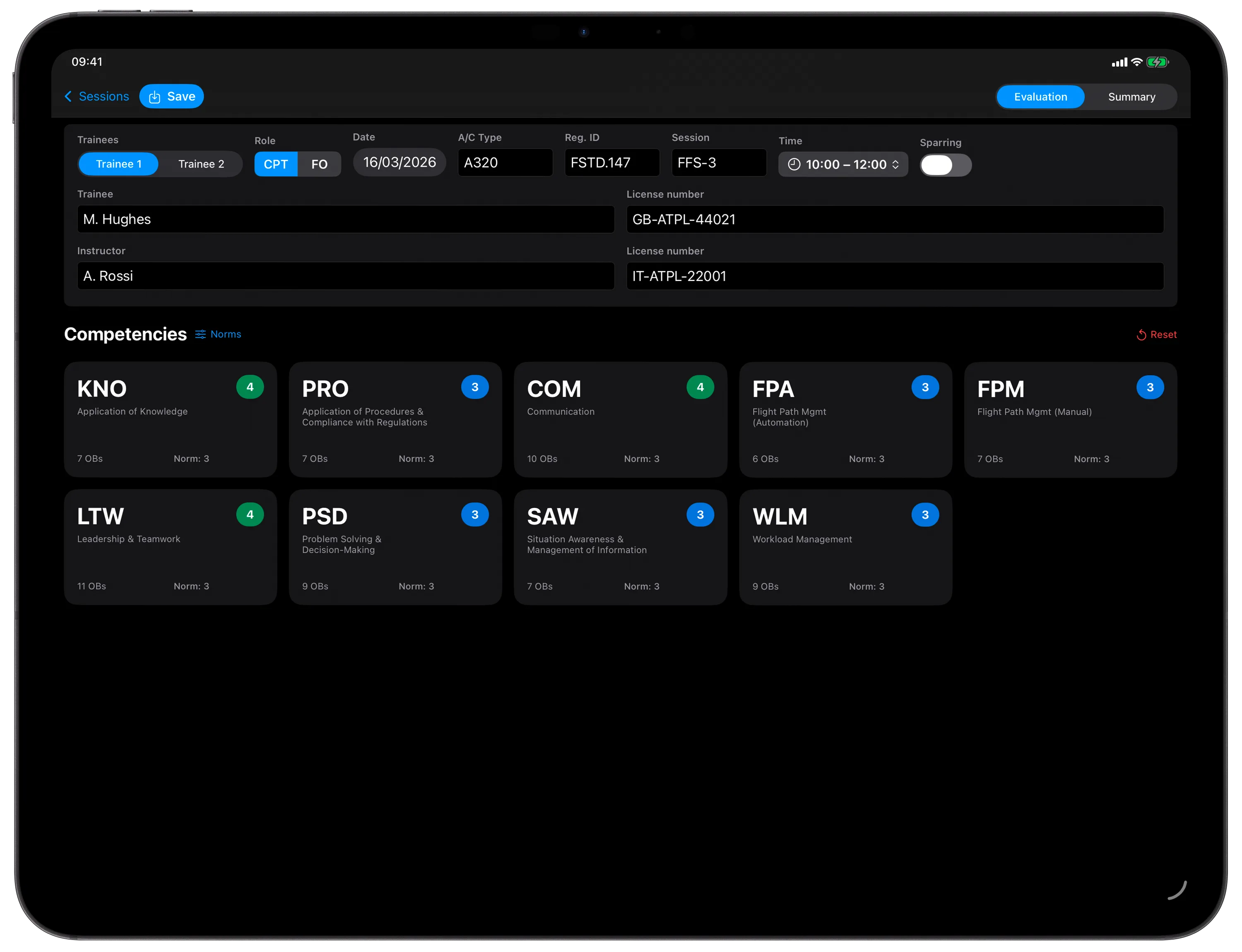 The same AviGrade evaluation screen on iPad in dark mode