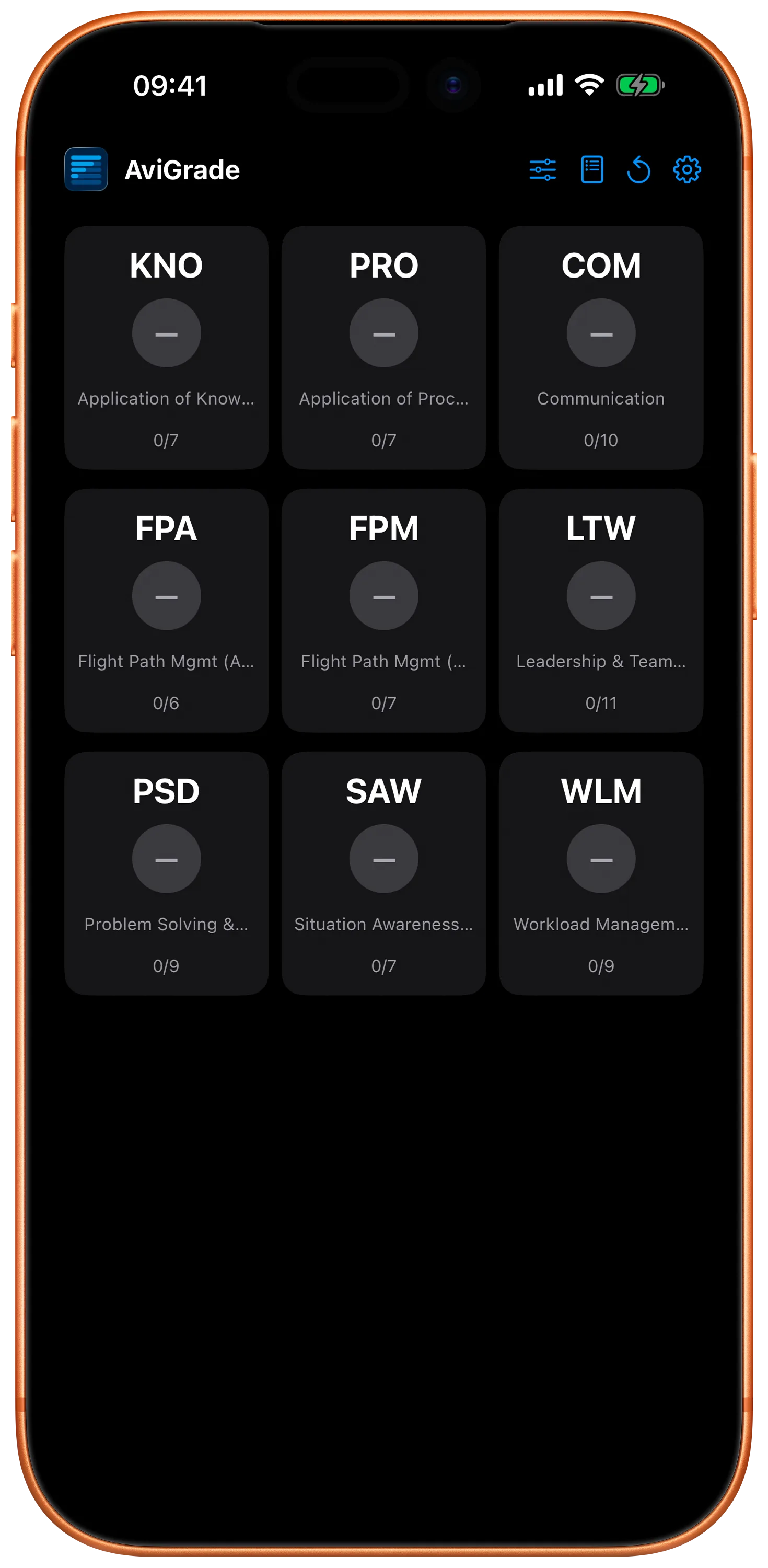 The same AviGrade Lite calculator on iPhone in dark mode